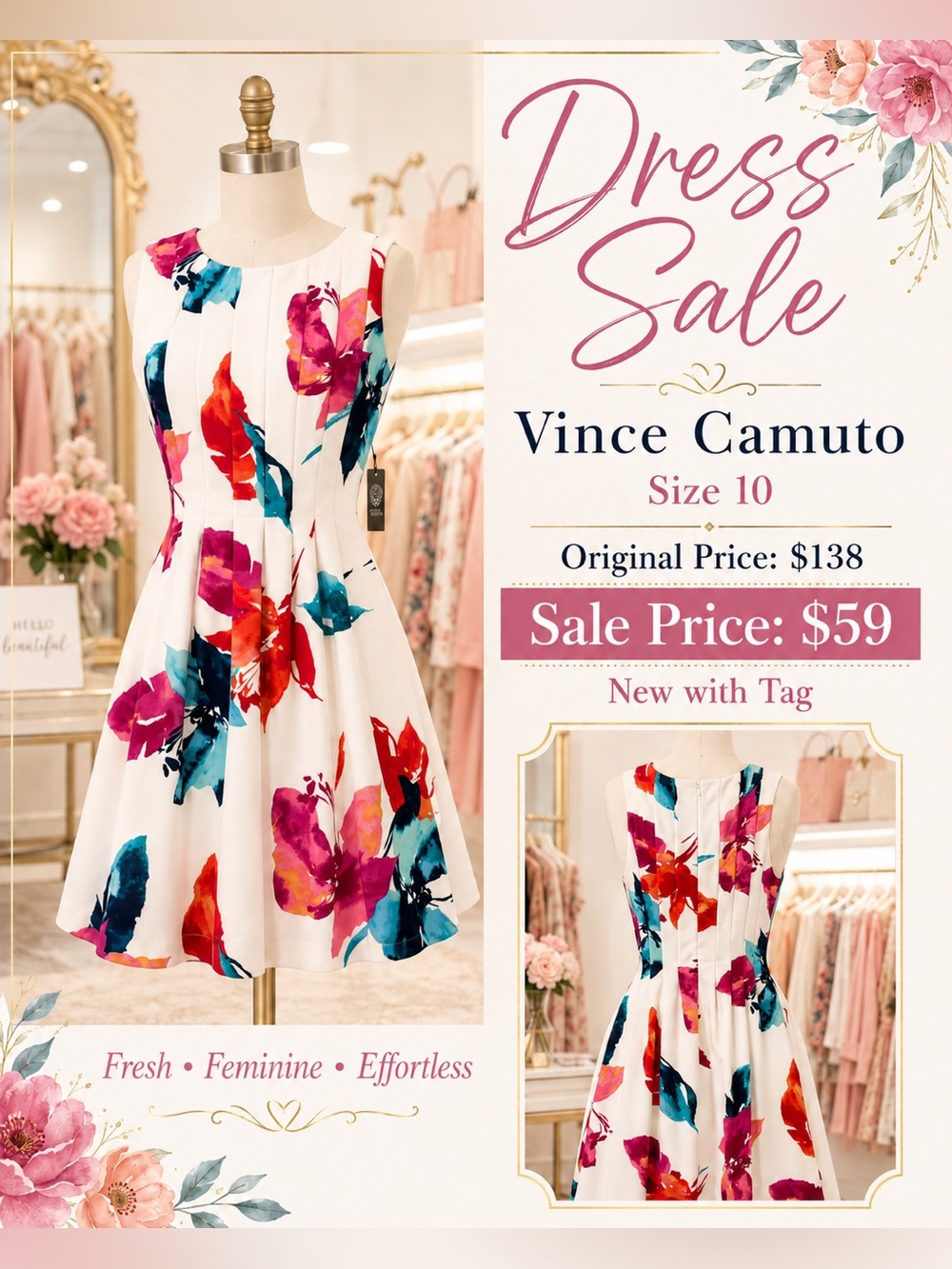 Vince Camuto White Floral Fit-and-Flare Dress - Teal, Fuchsia, Red